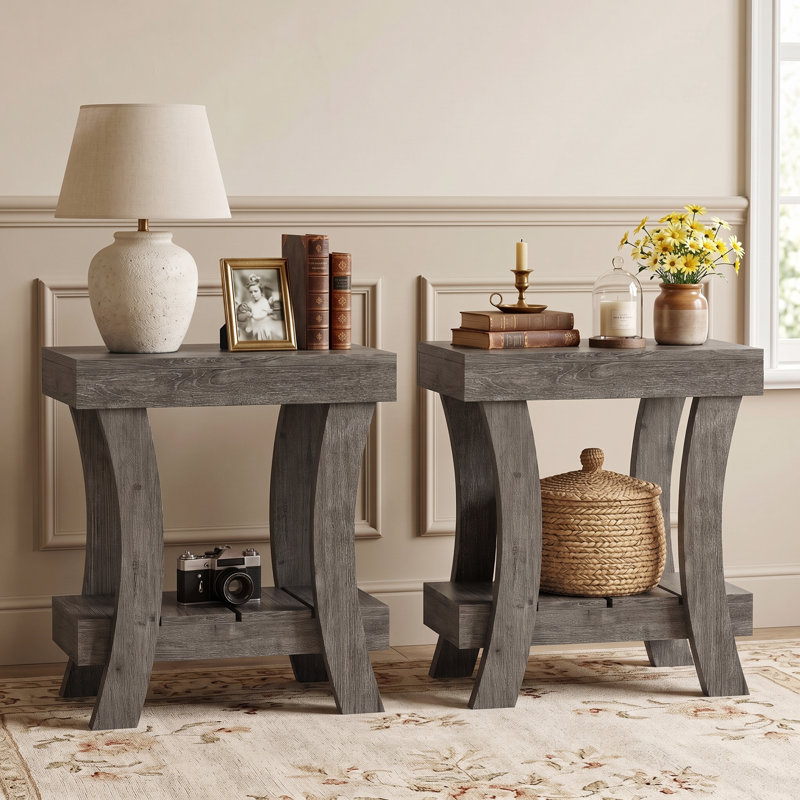 Table de bout étroite avec tablette de rangement, table d'appoint à 2 niveaux pour le salon, ensemble de 2, Grey, 2