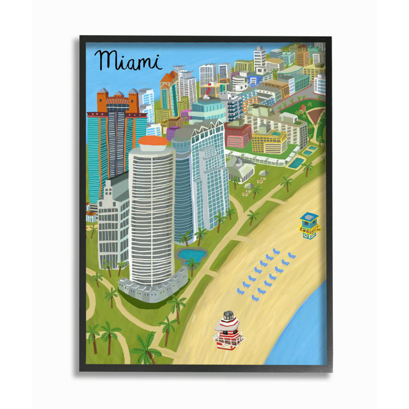 Coloré Miami City Beach par Carla Daly - impression d'art graphique, H 20 po x l 16 po x 1,5 po, Giclée encadrée noir minuit