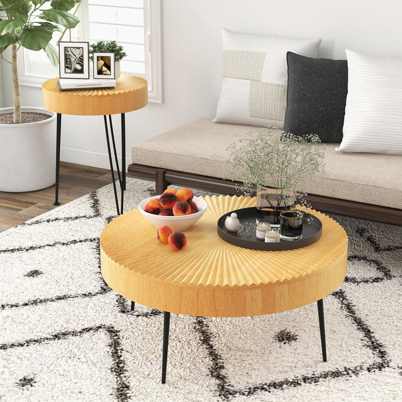 Round Pine Wood Coffee Tables with Black Metal Legs, Set of 2