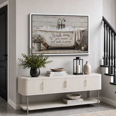 Vintage Bathtub Wash Away Worries Quote Artwork, Farmhouse Bathroom Pictures, Framed Canvas Giclee Print Wall Art