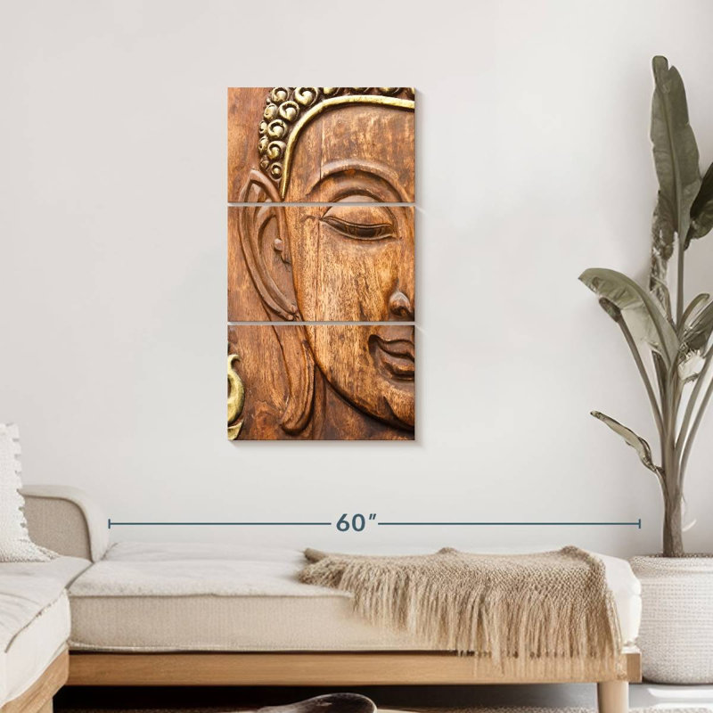 Bouddha en bois sculpté 3 pièces, H 44 po x l 21 po x P 1,25 po