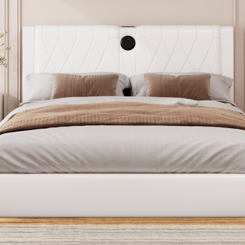 Faux Leather Upholstered Platform Bed with Thickened Headboard, Bluetooth Speakers and RGB LED Light, White, King