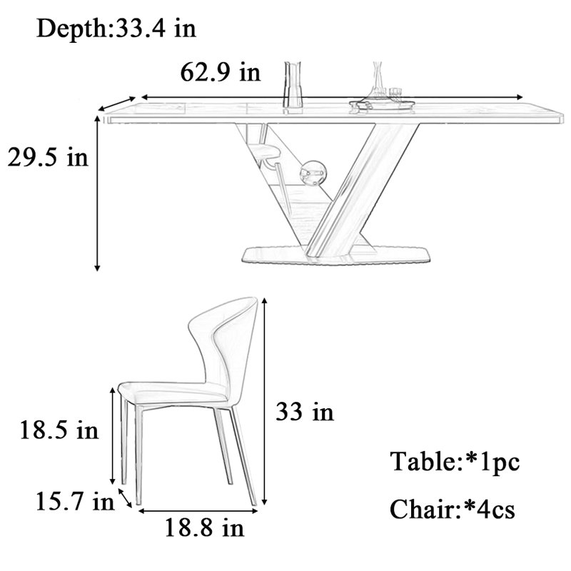 Table et chaise de designer minimaliste légère et luxueuse, H 29,5 po x L 62,9 po x l 33,4 po, Blanc / Brun