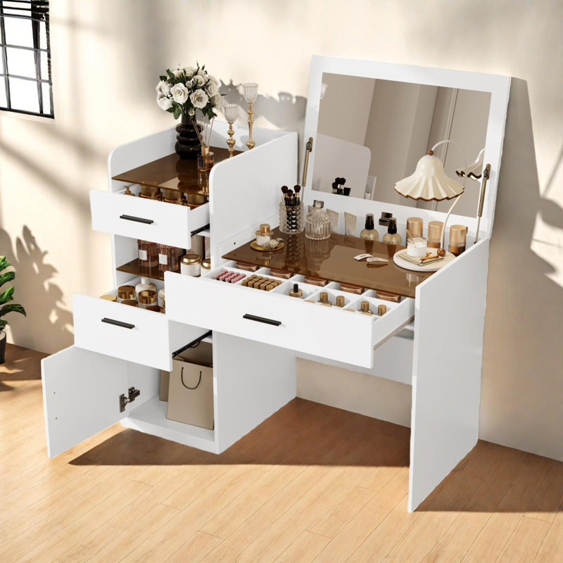 3-in-1 Vanity Desk With Flip Top Mirror And Hidden Storage