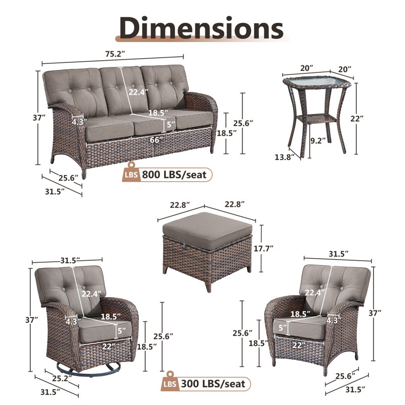 Agnes 7 Person Outdoor Wicker Patio T-Back Cushions Conversation Furniture With Ottomans, Gray