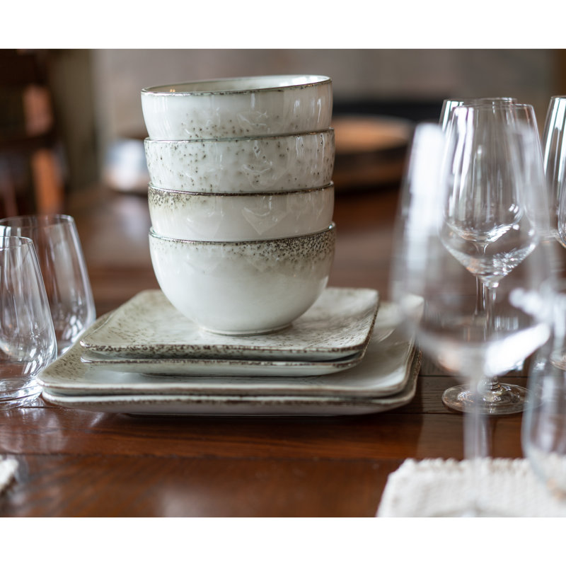 Rustico Cream Glazed Ceramic Square Dinnerware Set, Service for 4