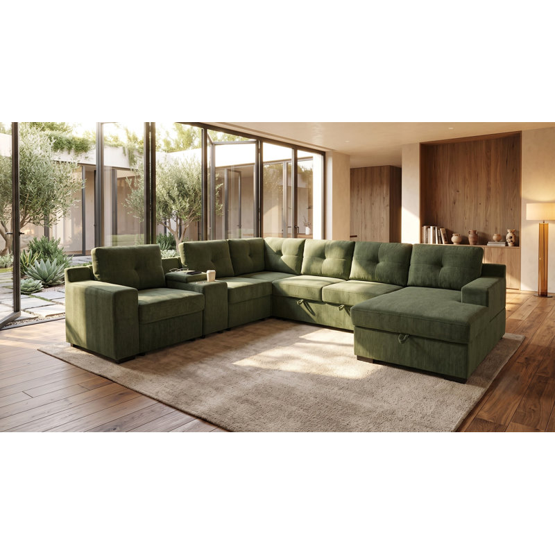 Canapé d'angle en forme de U avec lit gigogne, méridienne de rangement et console, Vert