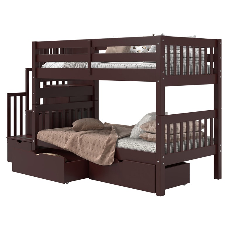 Tena Twin over Twin Solid Wood Standard Bunk Bed with a 3 Step Stairway, 3 Drawers in the Steps, 2 Under Bed Drawers, Dark Cherry