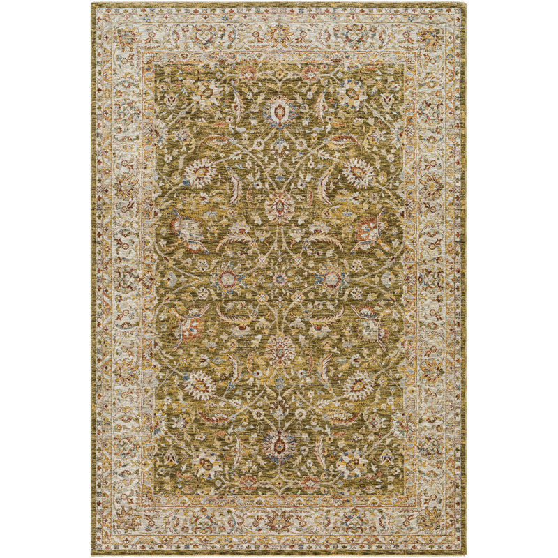 Tapis oriental en polyester tissé à la machine Bower en olive / crème / brun foncé, Rectangle 7 pi 10 po x 10 pi 3 po