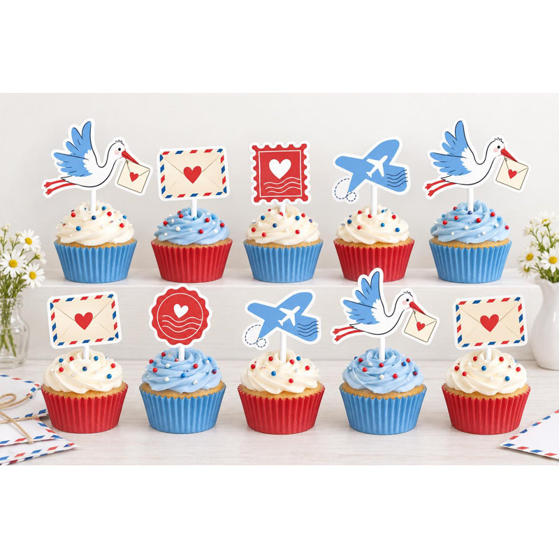 Décorations pour cupcakes en forme de cigogne par avion, enveloppes postales bleues et rouges, décorations en carton pour fête prénatale