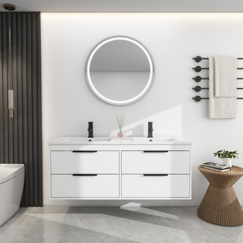 Ciarra Sharee 48" Modern Wall-Mount Double Sink Bathroom Vanity with Resin Top, Zinc Alloy Faucet, Painted Floating Cabinet, Soft-close Drawers