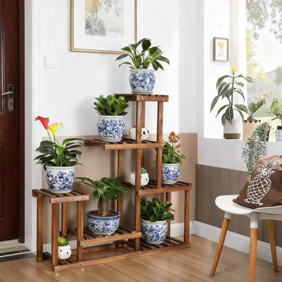 6-Tier Wood Plant Stand For Indoor Outdoor Use, Multi-Level Corner Plant Shelf With Heavy Duty Construction For Multiple Potted Plants In Living Room,