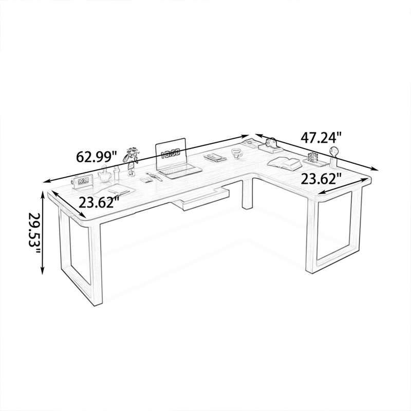 Bureau rectangulaire en L en bois massif, 29.53" H x 62.99" W x 47.24" D, Retour à droite