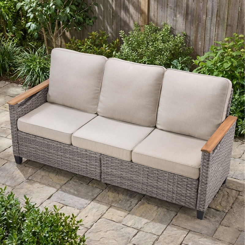 Outdoor Wicker Patio Modern Wood Armrests Sofa With Cushions, Beige