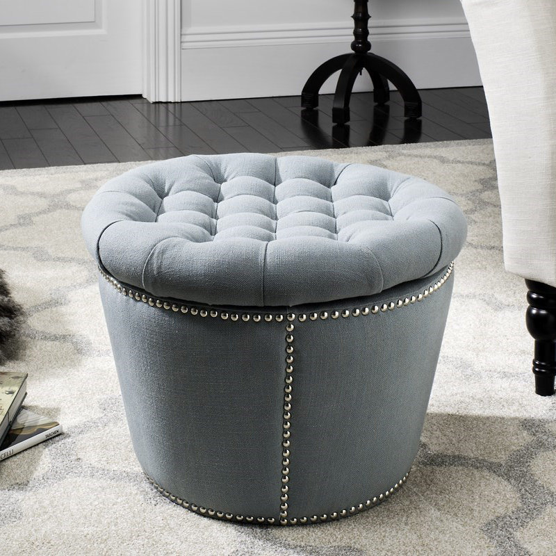 Sky Blue Tufted Round Linen Storage Ottoman