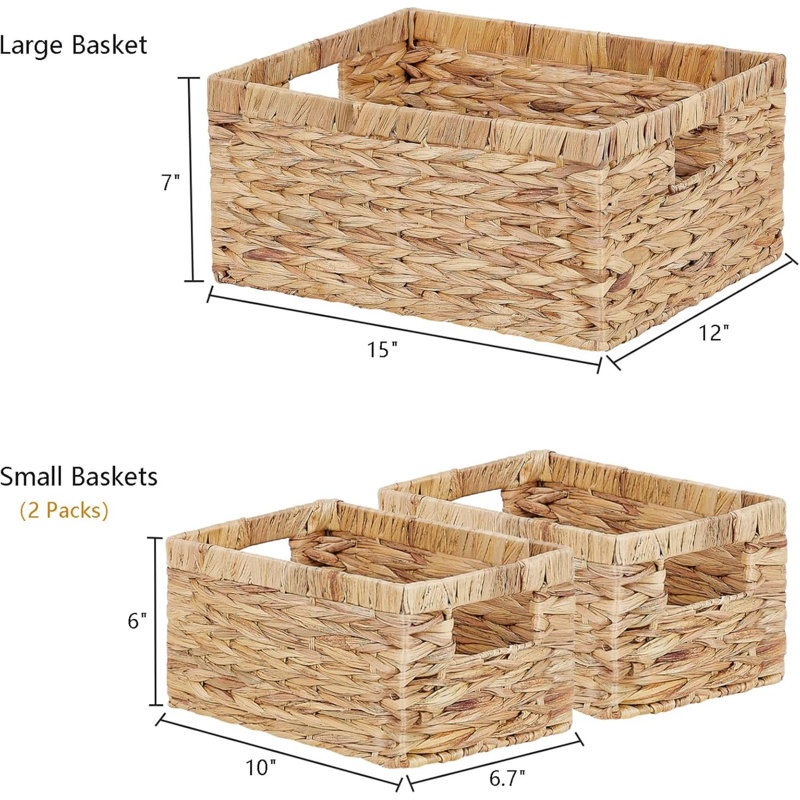Wicker Basket, Set Of 3 Hand-Woven Storage Baskets For Organizing, Water Hyacinth Wicker Storage Basket Bins With Handles, Small Toilet Paper Storage Baskets For Shelves Pantry Baskets