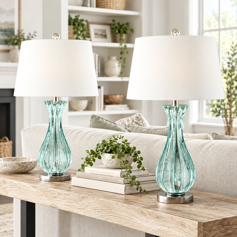 Ursuline 25.5" H Glass Table Lamp with Chrome Base, Blue