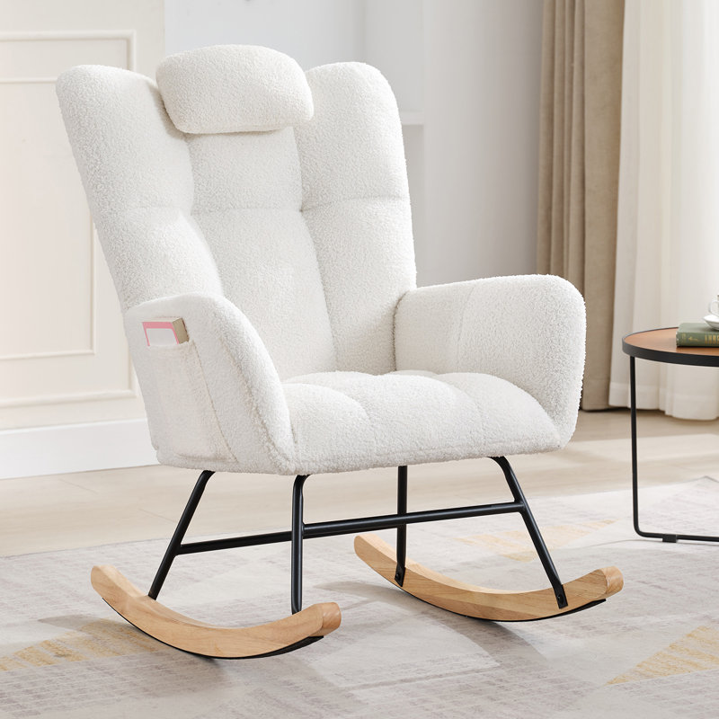 Chaise berçante d'allaitement moderne - Fauteuil oscillant rembourré avec dossier haut et poche latérale pour la chambre de bébé, l'allaitement, le salon, le blanc beige