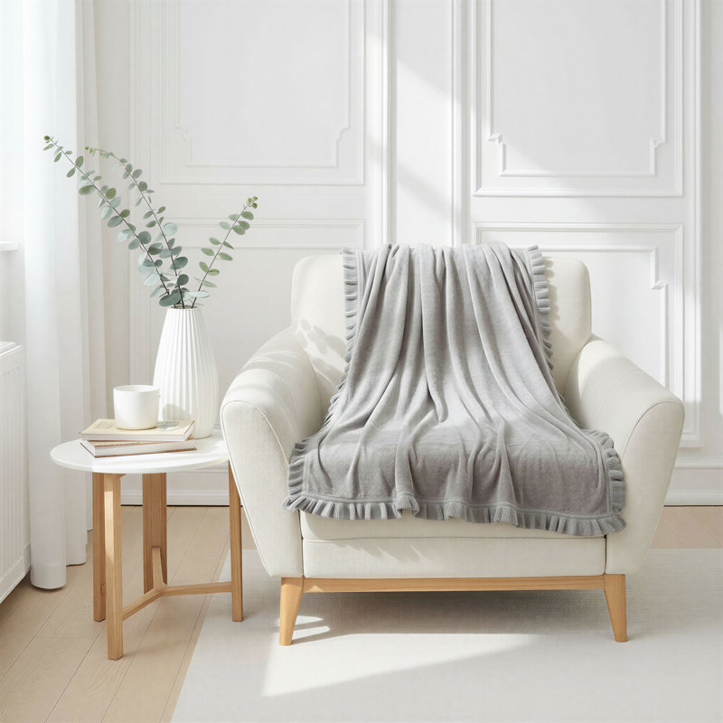 Cotton Knit Throw Blanket With Ruffled Edge