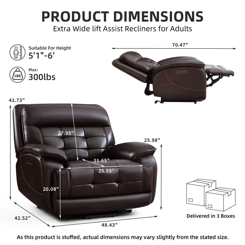48.43'' Wide Oversized Faux Leather Power Lift Recliner With 8-Point Massage, Lumbar Heat, USB & Type-C Ports, Brown