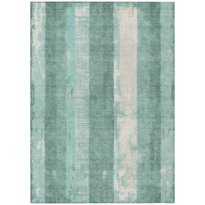 3' X 5' Pale Aqua And Teal Blue Striped Washable Indoor Outdoor Area Rug