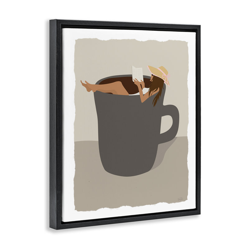 «Morning Coffee & Woman», art mural encadré sur toile flottante, design par Natalie Carpentieri, Cadre flottant noir de jais