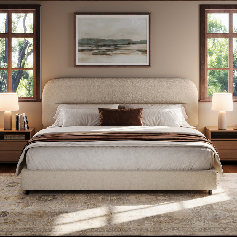 Base de lit plateforme Manfrid, collection Cloud avec revêtement Boucle et tête de lit arrondie, pied de lit épaissi, Crème