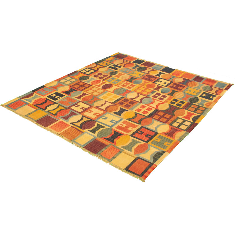Tapis unique en laine noué à la main anatolien orange / rouge / bleu 8 pi 4 po x 9 pi 9 po New Age