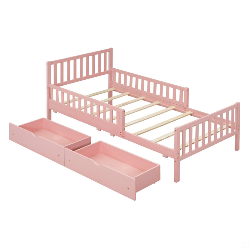  Grand lit plateforme avec garde-corps des deux côtés et deux tiroirs de rangement, Lit simple, Rose