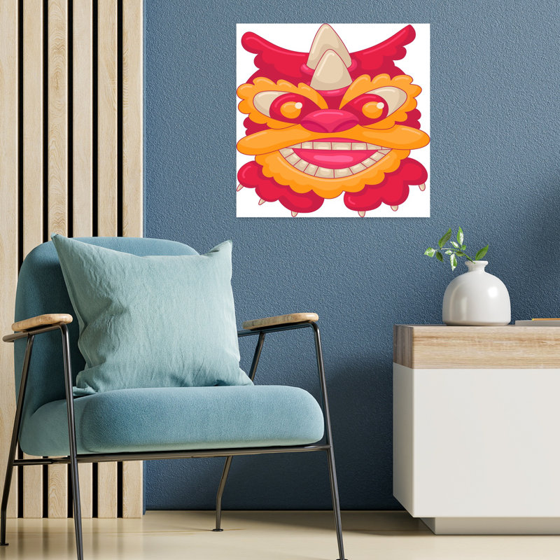 «Festive Dragon Mask», art mural traditionnel mystique et coloré, H 18 po x l 18 po