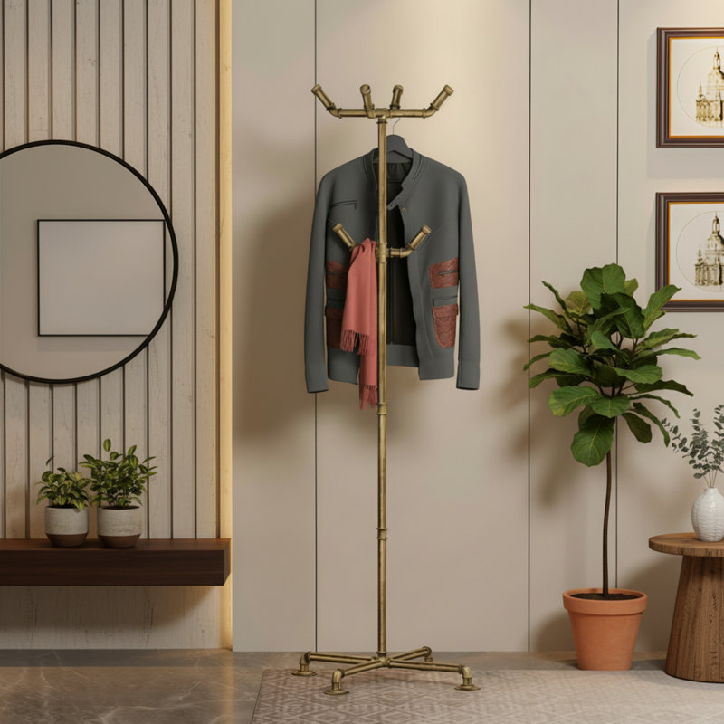Retro Gold Industrial Style Metal Coat Rack, With 6 Hooks For Convenient Hanging, Independent Heavy-Duty Design, Sturdy And Durable, Suitable For Various Spaces.