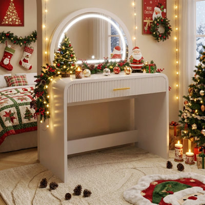 Élégant meuble-lavabo crème de 39 pouces avec miroir lumineux à écran tactile et tiroirs spacieux - Parfait pour le décor de votre chambre à coucher