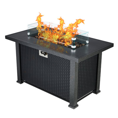 Outdoor Fire Table, 44 Inch Rectangle Propane Gas Fire Pit Table, 50,000 Btu Modern Firepit With Wind Guard, Lava Rock, Rain Cover -  Latitude Run®, 68F2901E6D8448F38F45EDC79EDE5A07