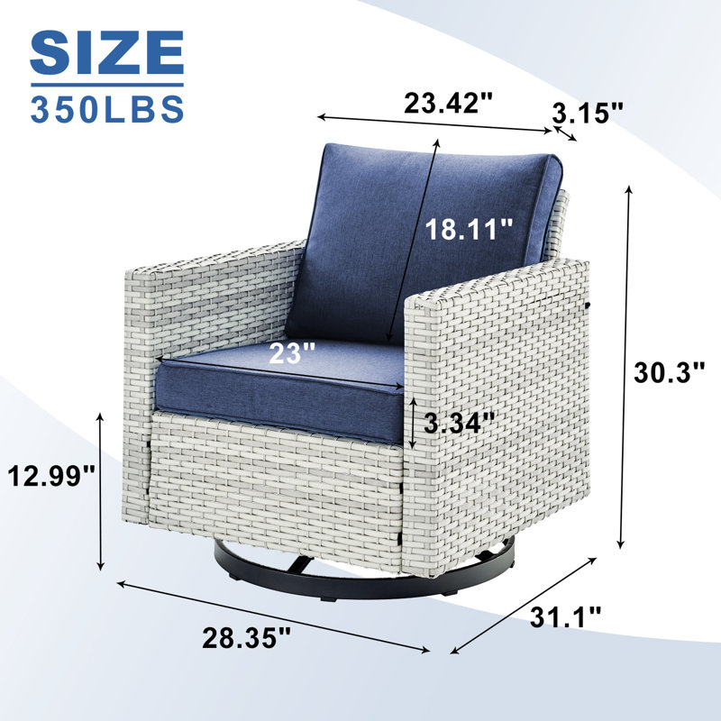 Chaise de patio pivotante et coussinée avec coussins Nazime, Gris clair, Marine