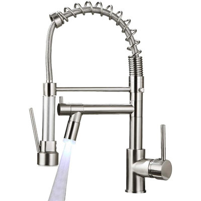 Commercial Kitchen Faucet with Sprayer, Brushed Nickel Single Handle Pull Down Kitchen Sink Faucet, LED Light Two-Spout High Arc Faucet