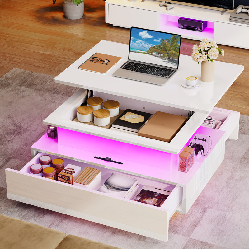  High Gloss Coffee Table With Drawer, Living Room Table Height Adjustable With 16 Colour LED, White