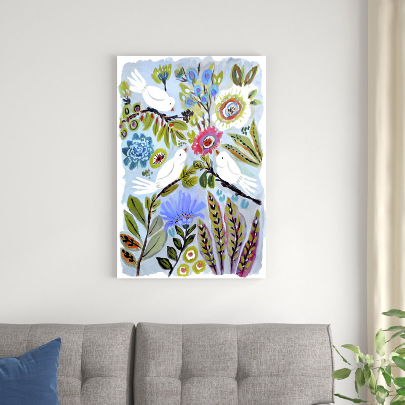 «Bird Love I» par Karen Fields - peinture sur toile tendue, H 36 po x l 24 po