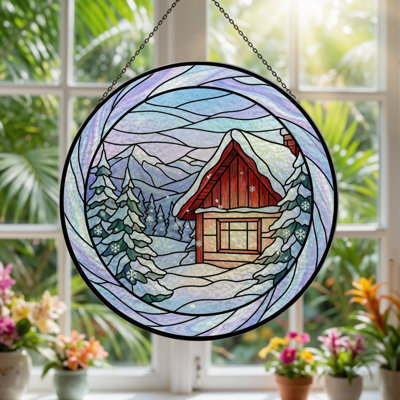 7.8"H Winter Cabin Stained Glass Window Panel