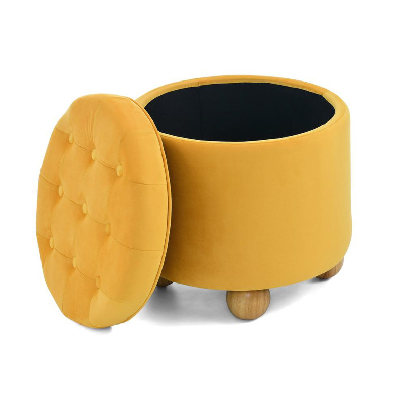 Upholstered Round Storage Ottoman, Yellow