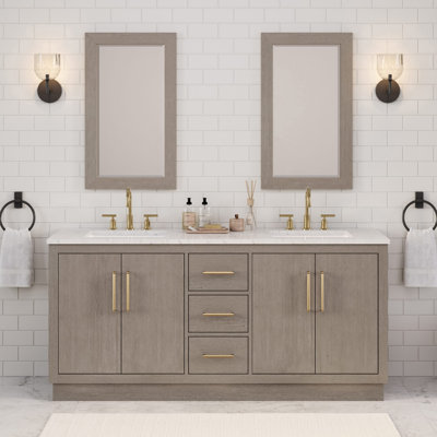 Hunner 72" Carrara White Marble Countertop Bath Vanity in Gray Oak with Faucet and Mirror