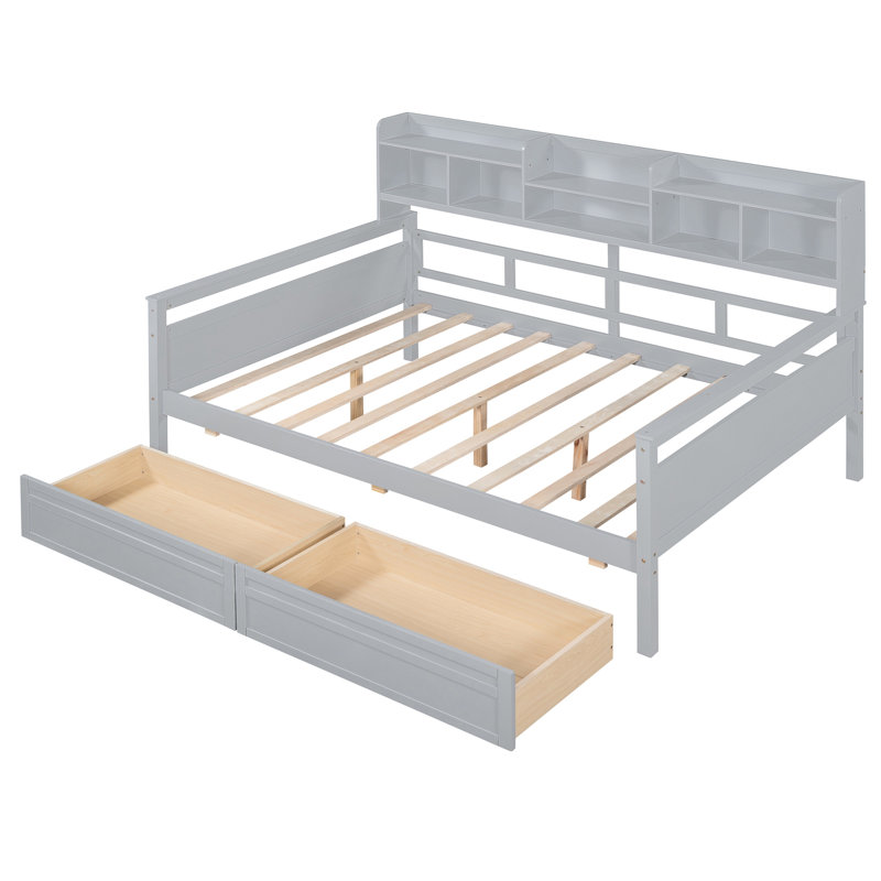 Full Size Daybed In Gray, Wood Slat Structure And Bedside Shelf, Two Drawers - Versatile For Living Room Bedroom Gray With Support System, 2 Home Decor