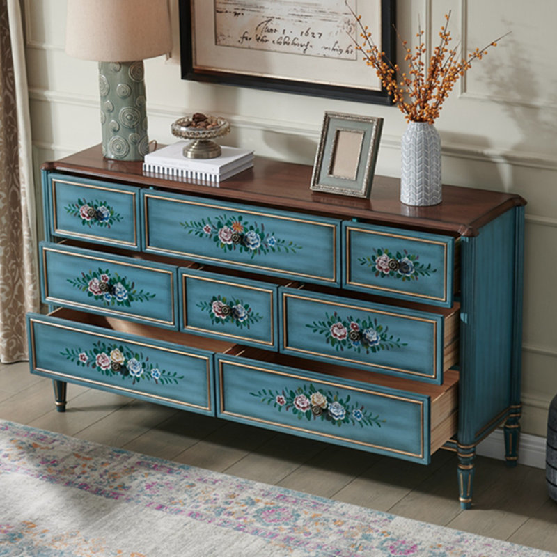 Buffet décoratif bleu en bois massif, Bleu / noyer