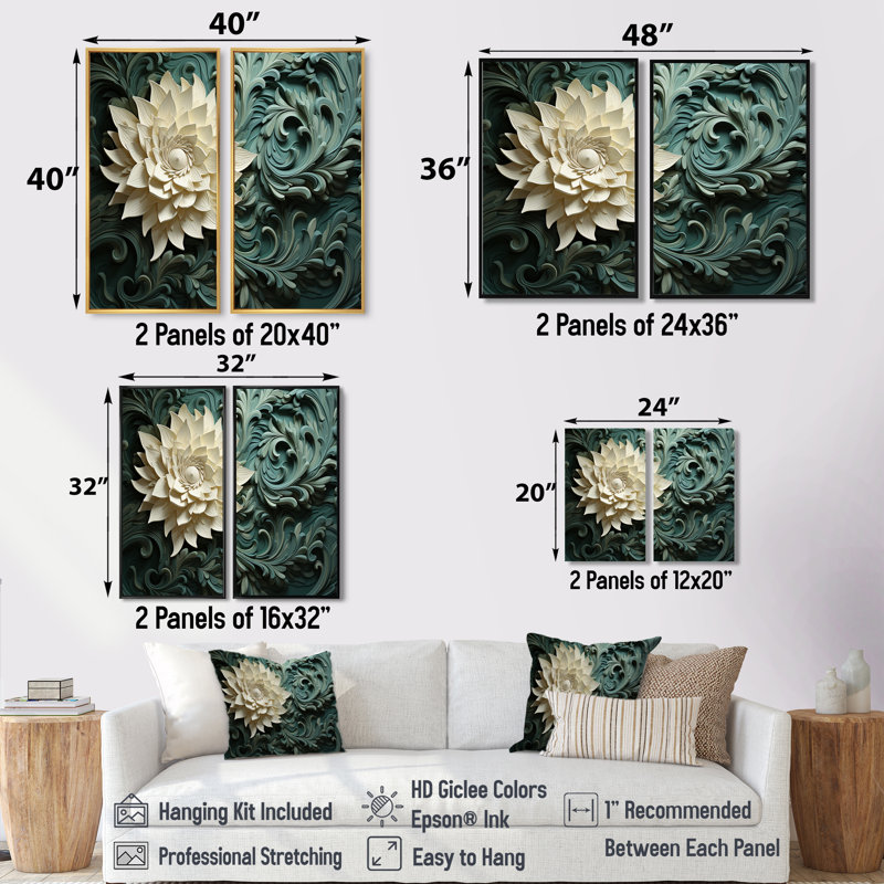 Green Harmonious Helix - Abstract Spirals Oversized Canvas Wall Art 2-Panels, Black, 36" H x 48" W