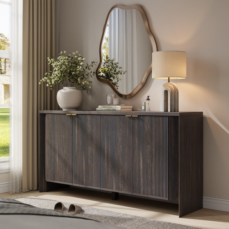 63IN Modern Buffet Cabinet With Storage, Fluted Sideboard With Adjustable Shelves, 60'' TV Stand Storage Cabinets For Living Room