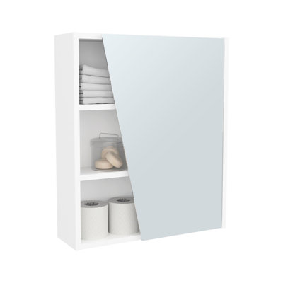 Bathroom Wall - Mounted White Medicine Cabinet, Mirrored Door, Open Shelves For Storing Magazines, 24 Inches High, 6.66 Wide, 19.7 Deep, Clean Style Cabinet With Five + Item Storage, Contemporary