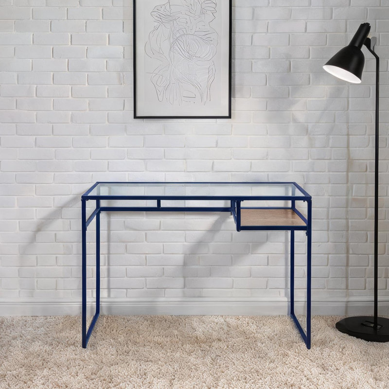 Bureau en métal transparent avec plateau en verre transparent avec tablette, bureau de travail rectangulaire contemporain
