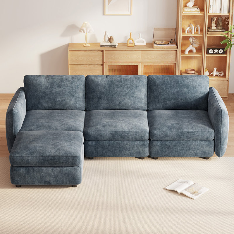 4-Piece Modular Sectional Sofa with Storage Ottoman, Blue-Grey, 4