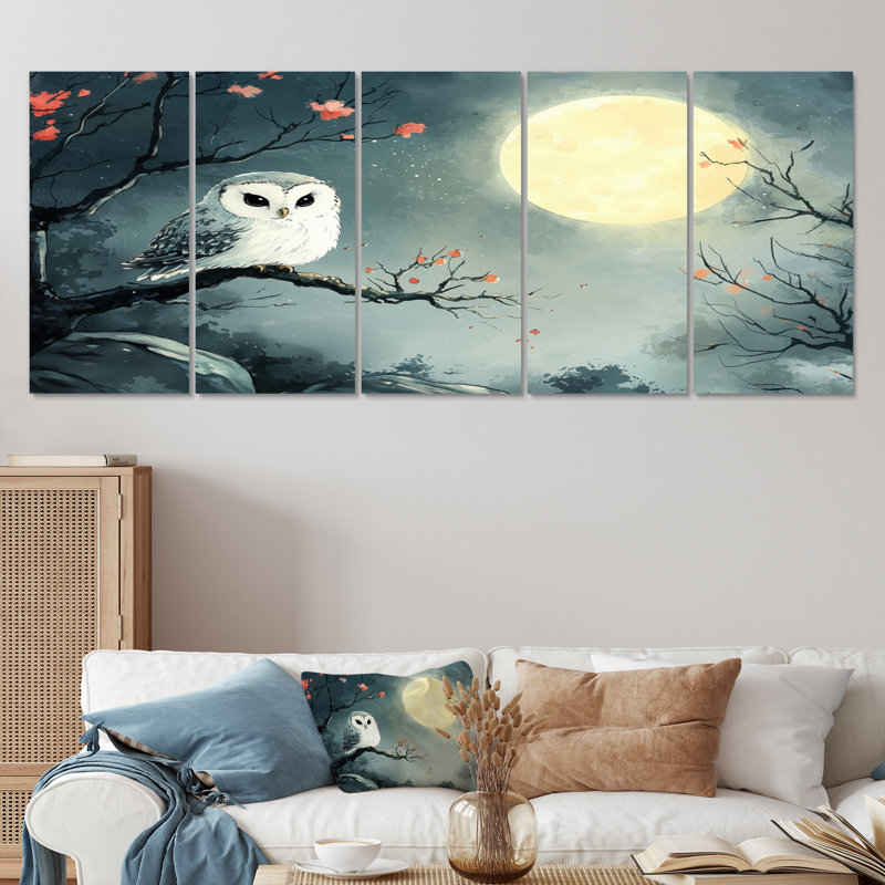 Hibou au clair de lune en hiver - Art mural animal hibou - ensemble d'art mural moderne, H 32 po x l 80 po