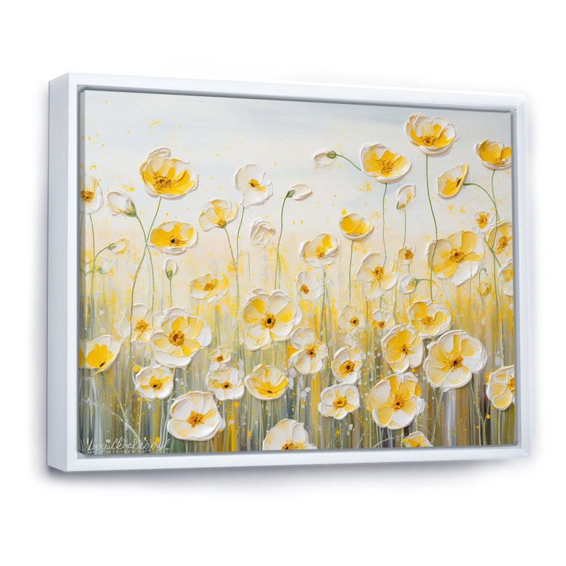 Buttercups Floral Array Field sur impression sur toile, Cadre flottant blanc, H 30 po x l 40 po x P 1,5 po