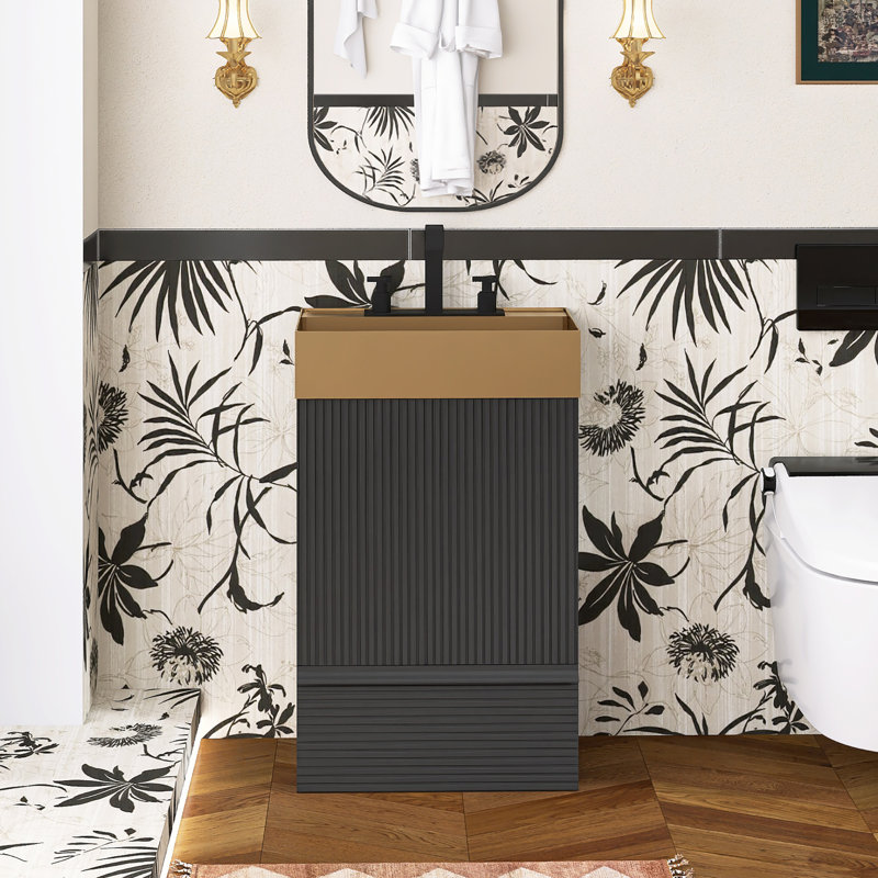 Meuble-lavabo autoportant de 20,1 po avec plateau en acier inoxydable, Black